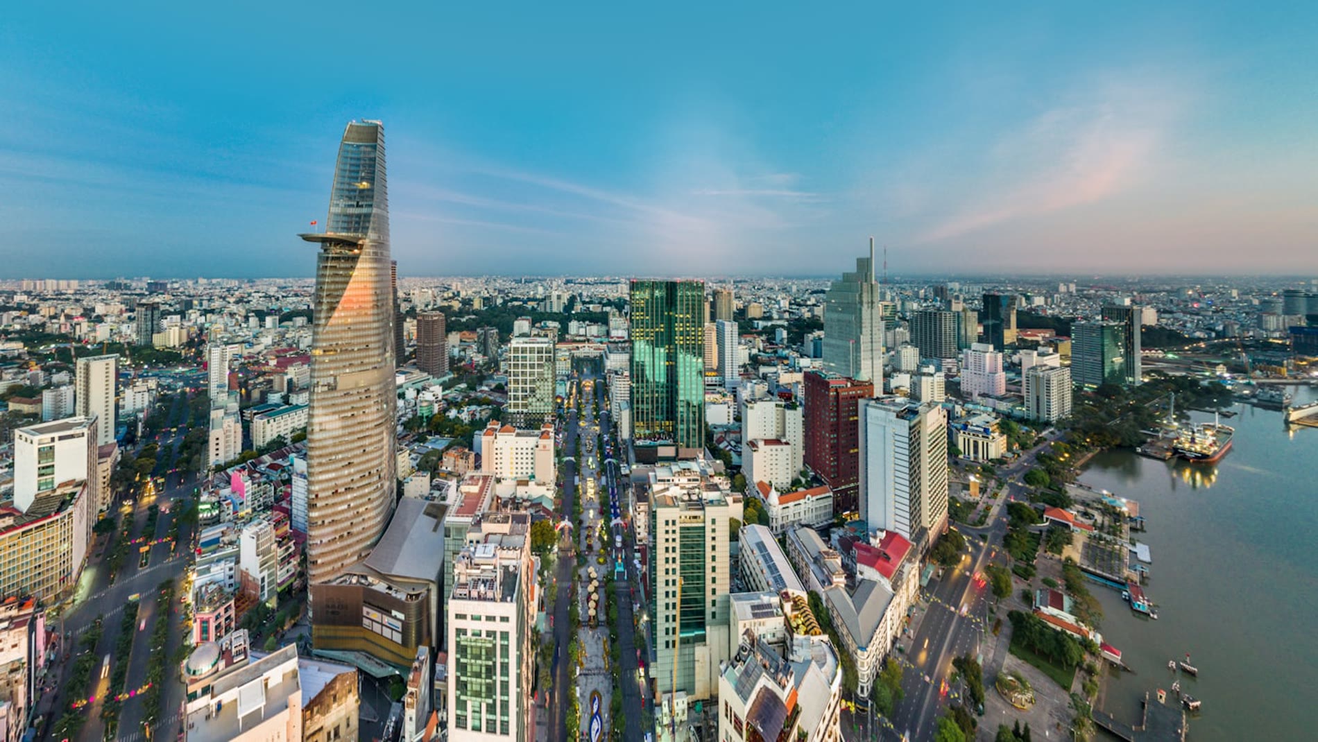 Ho Chi Minh City from above, the Bitexco tower and the Saigon river
